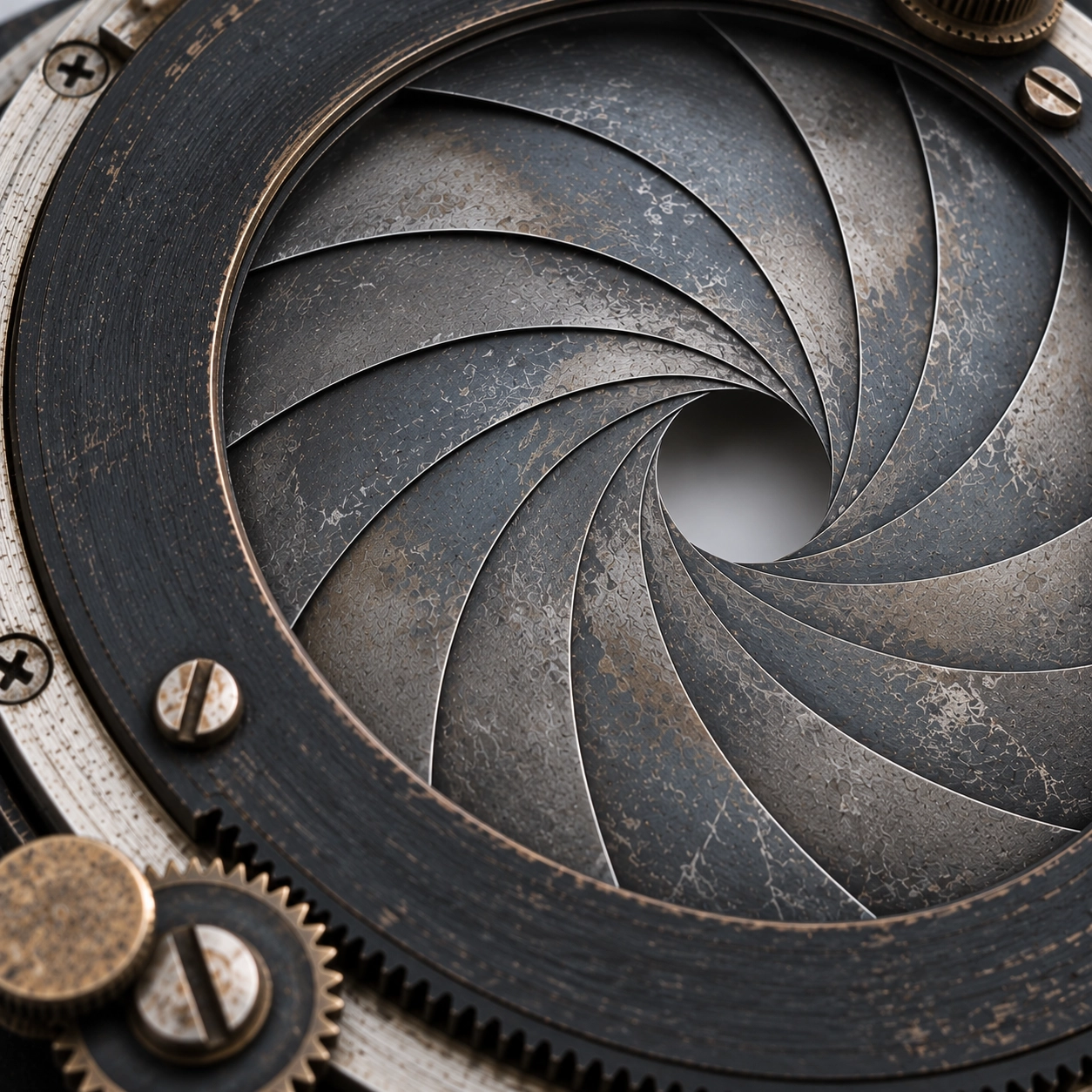 Close-up of a camera lens aperture showing slightly worn metal blades arranged in a circular pattern, with visible textured surface, screws, and gears around the edge.