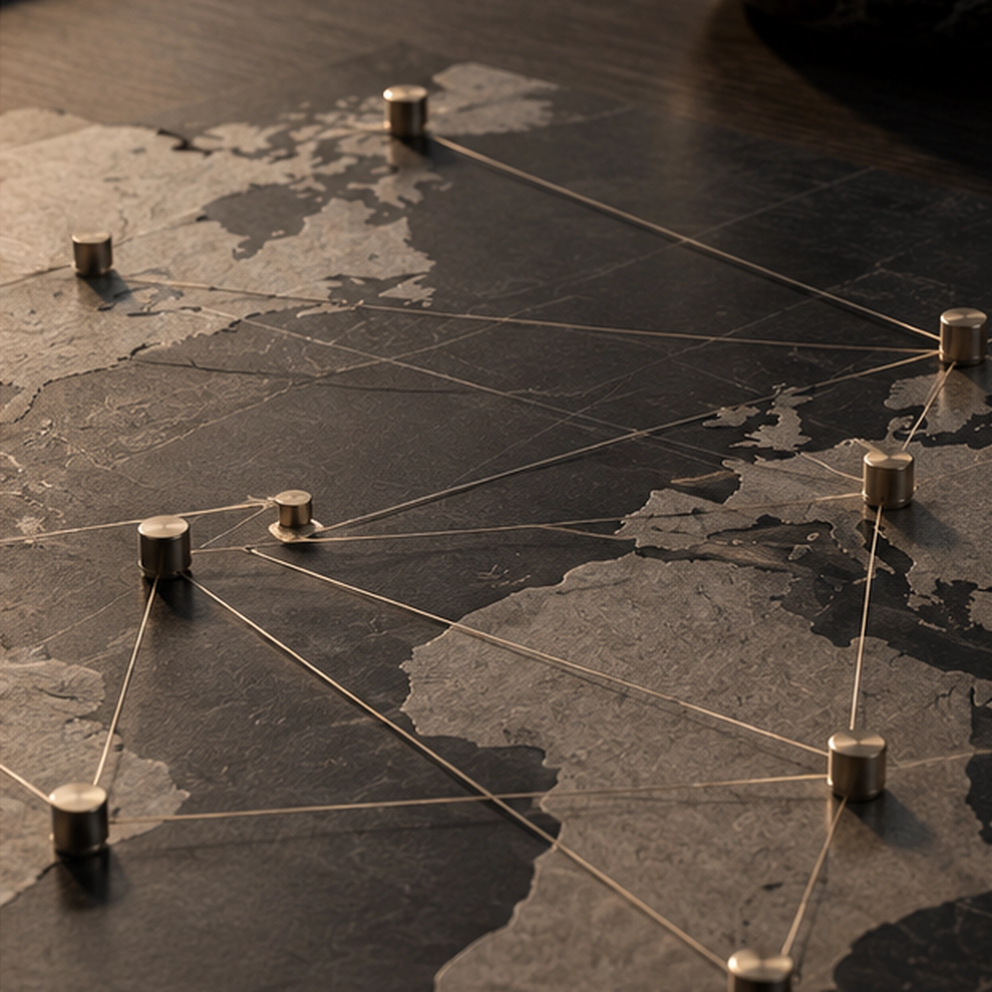 Close-up of a textured world map featuring parts of Europe, Africa, and North America with metallic pins connected by strings, illustrating network or global connections.