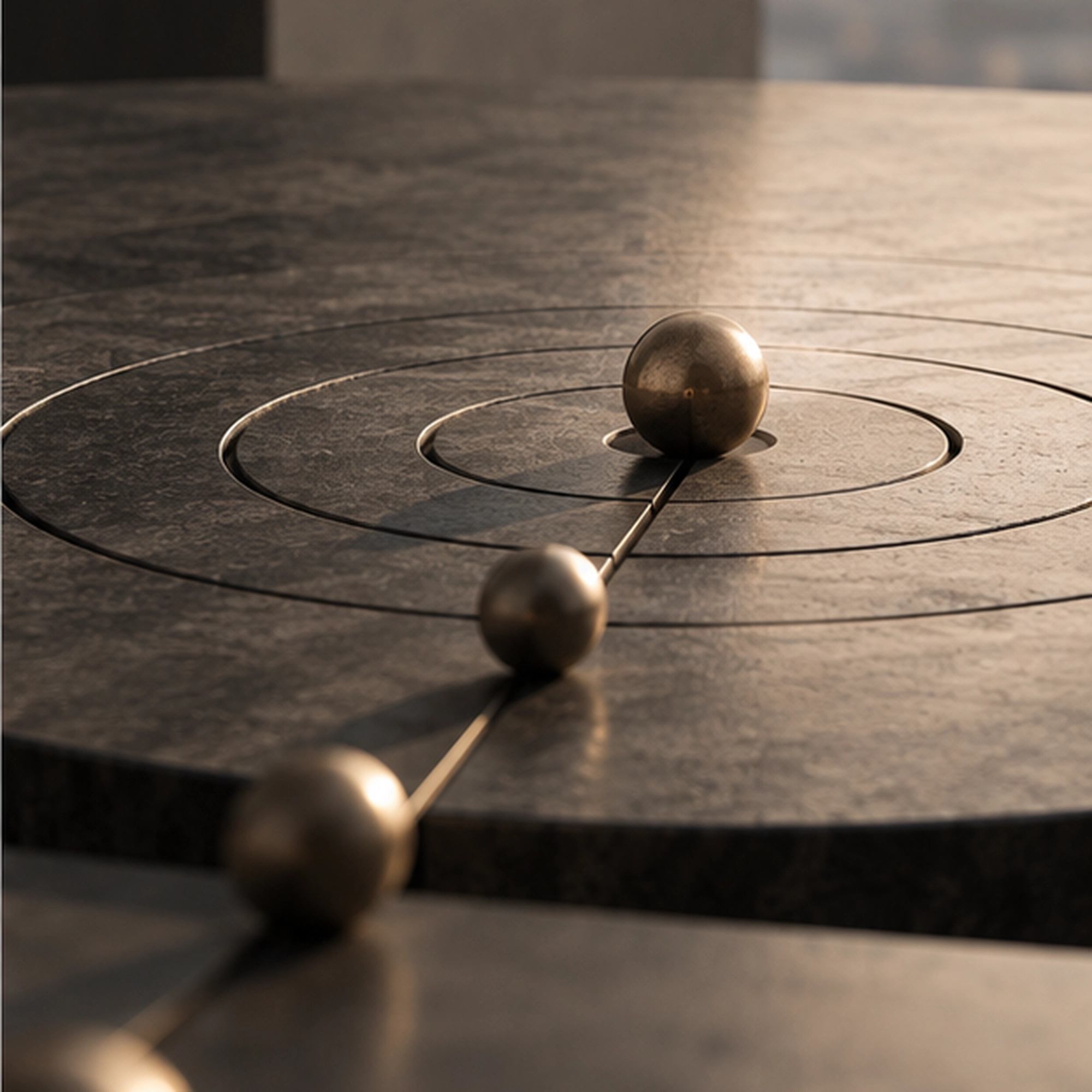 Bronze metallic spheres connected by rods placed on concentric circular grooves on a flat stone surface, casting soft shadows in warm light.