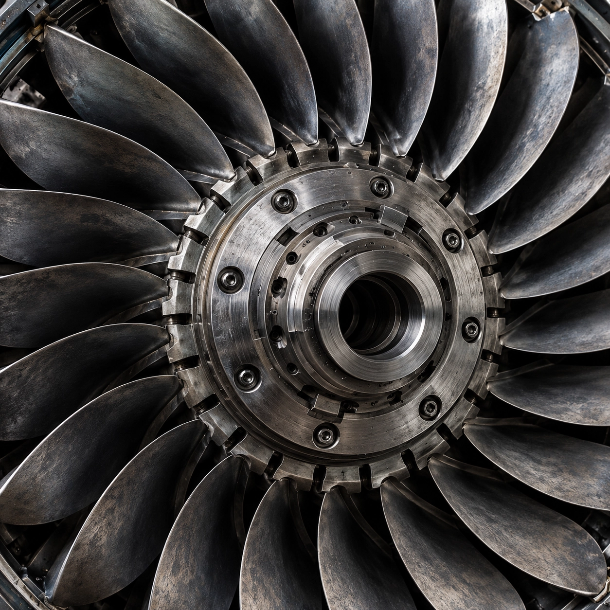 Close-up view of a metallic jet engine turbine with evenly spaced blades radiating from the central hub.