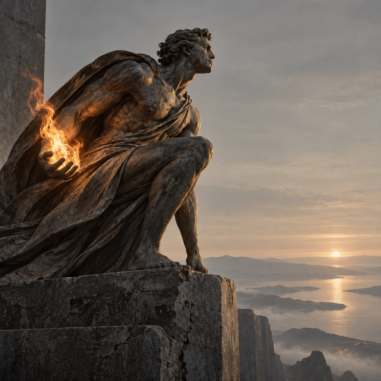 A large, detailed statue of a muscular man crouching on a pedestal at sunset, holding a glowing flame in his right hand, overlooking a mountainous landscape and a body of water.