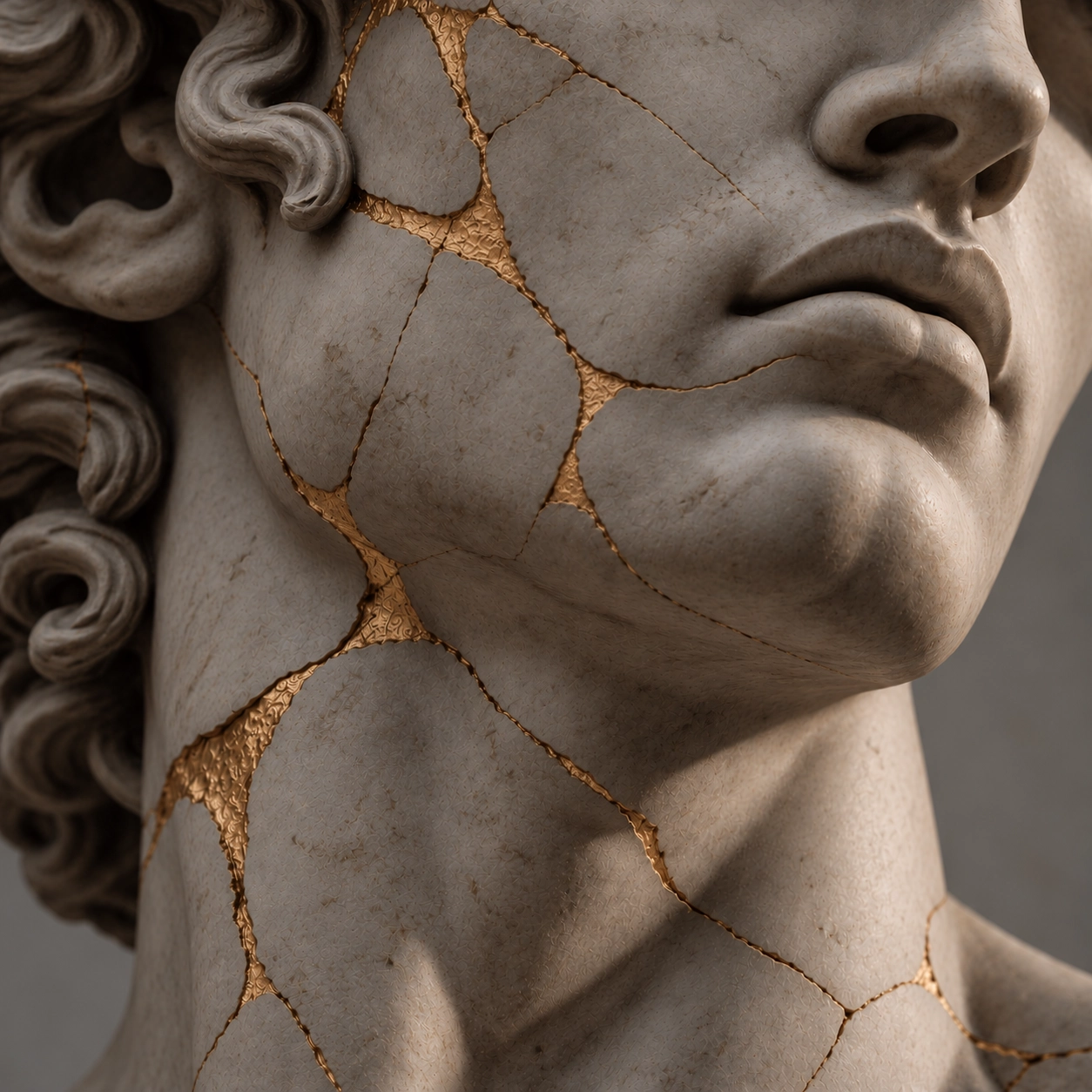 Close-up of a classical marble statue's lower face and neck with visible gold cracks in a repaired kintsugi style.