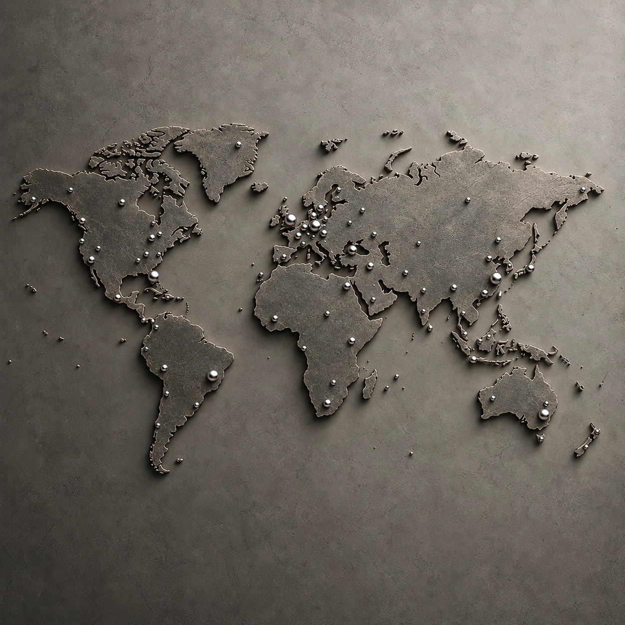 Stylized world map on a textured surface with raised metallic pins marking various locations across continents including North America, South America, Europe, Africa, Asia, and Australia.