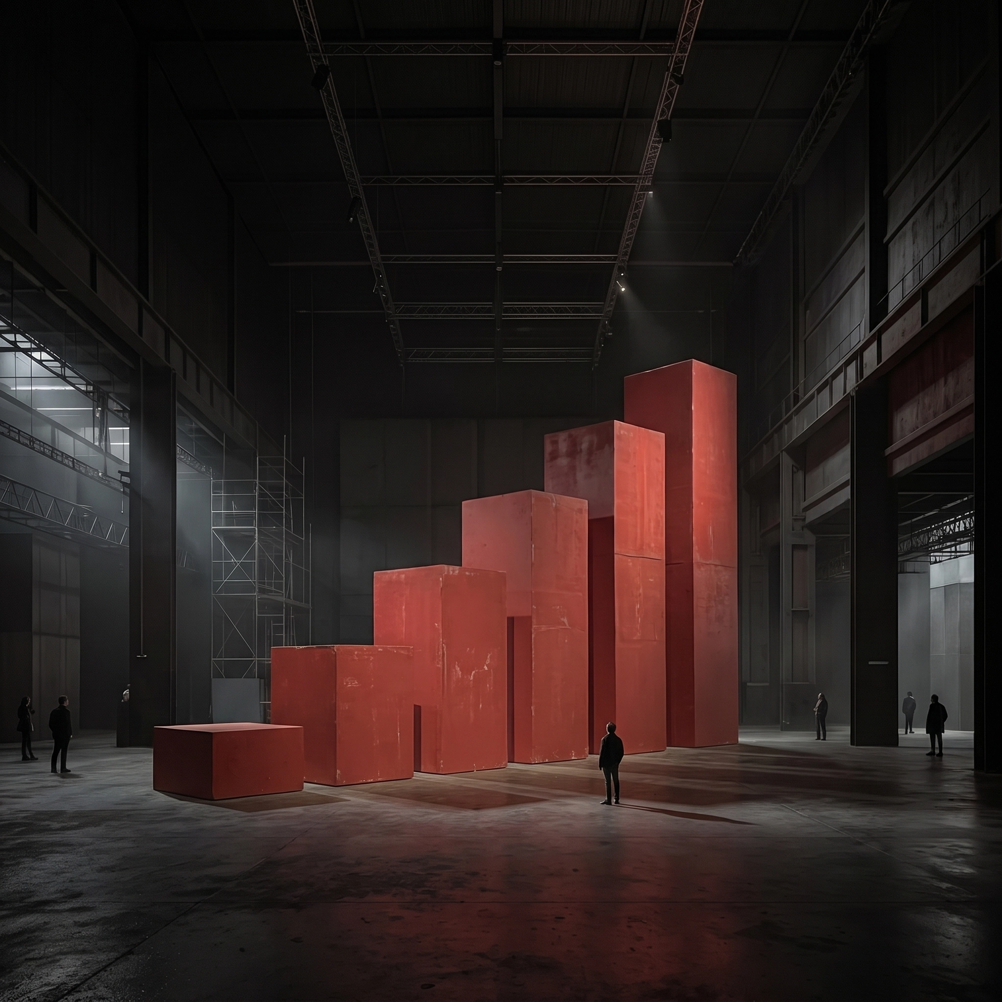 A large dark industrial warehouse with seven tall red rectangular blocks arranged in ascending order like a bar graph, several people stand around observing the blocks, with light beams illuminating parts of the scene.