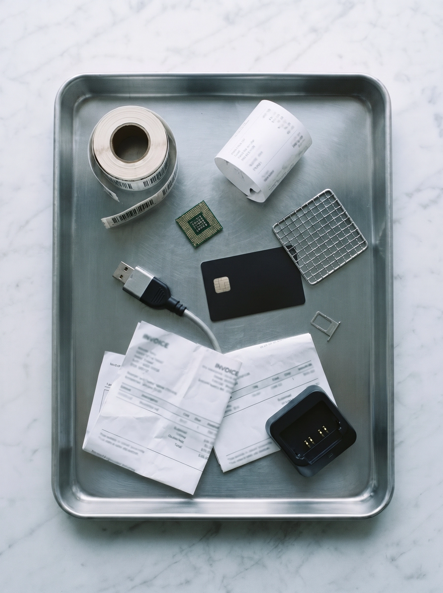 Metal tray containing various technology and commerce-related items including a roll of barcode stickers, a printed receipt, a black smart card, a SIM card tray, a USB cable, a microchip, crumpled invoices, and a black docking station on a marble surface.