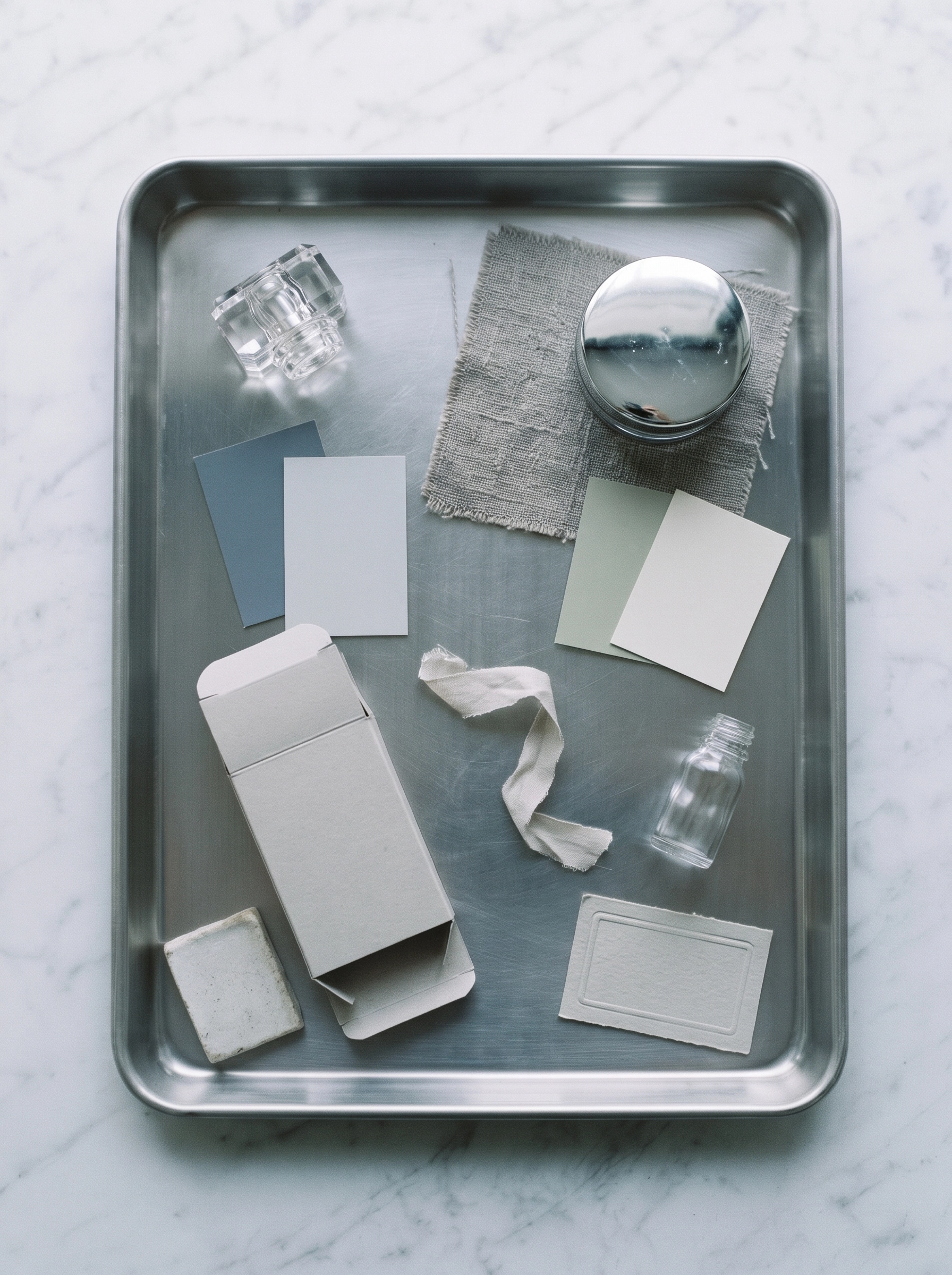 Metal tray on a marble surface holding items including an open plain cardboard box, a small glass bottle, a glass jar with a silver lid on a piece of textured fabric, two pairs of color swatches in muted blue and green tones, a small textured rectangular stone or soap, a twisted strip of white cloth, and a textured blank card.