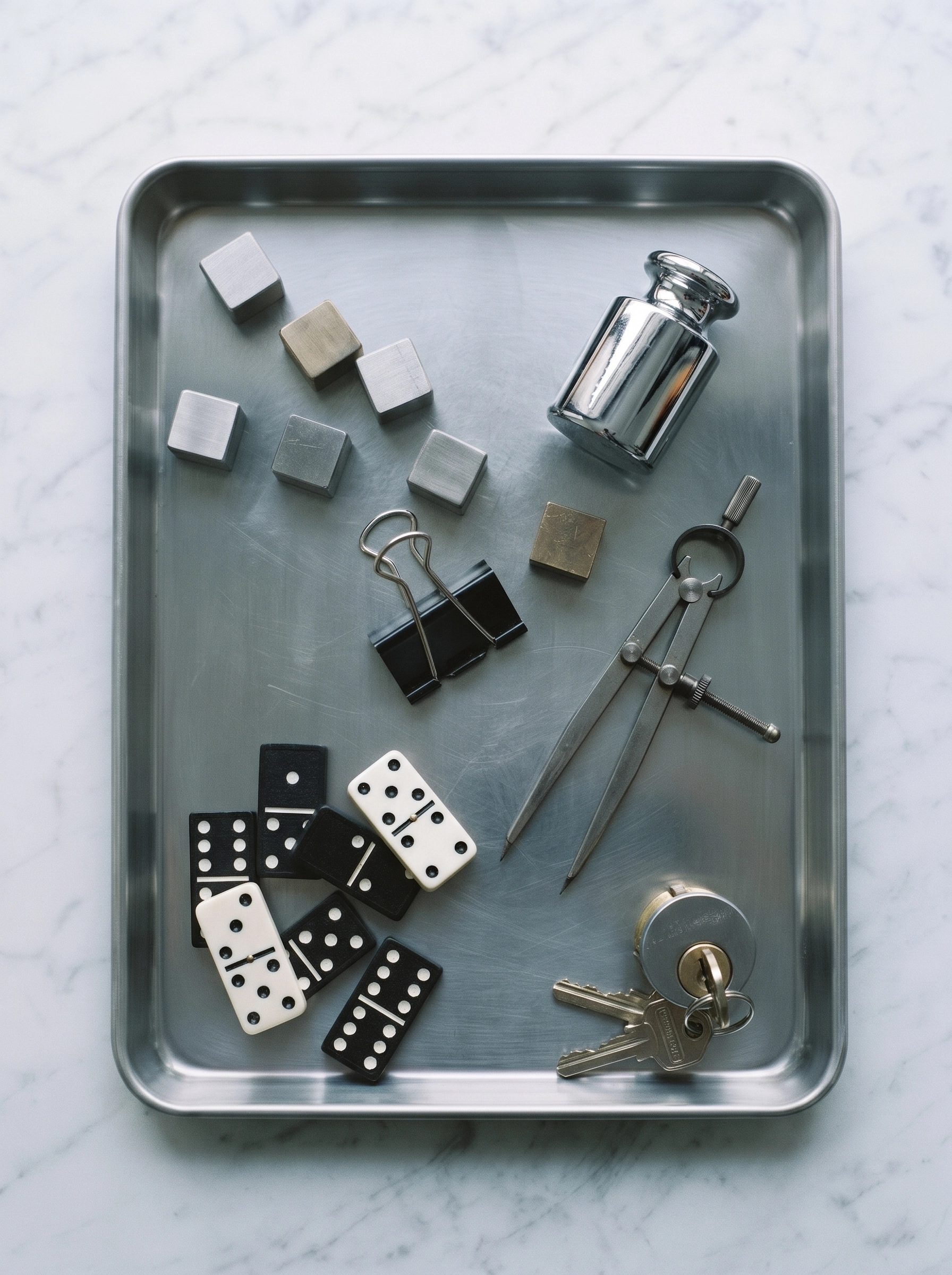 Metal tray on a marble surface holding metal cubes, a metal weight, a black binder clip, a metal compass tool, black and white domino pieces, and a keyring with two keys.
