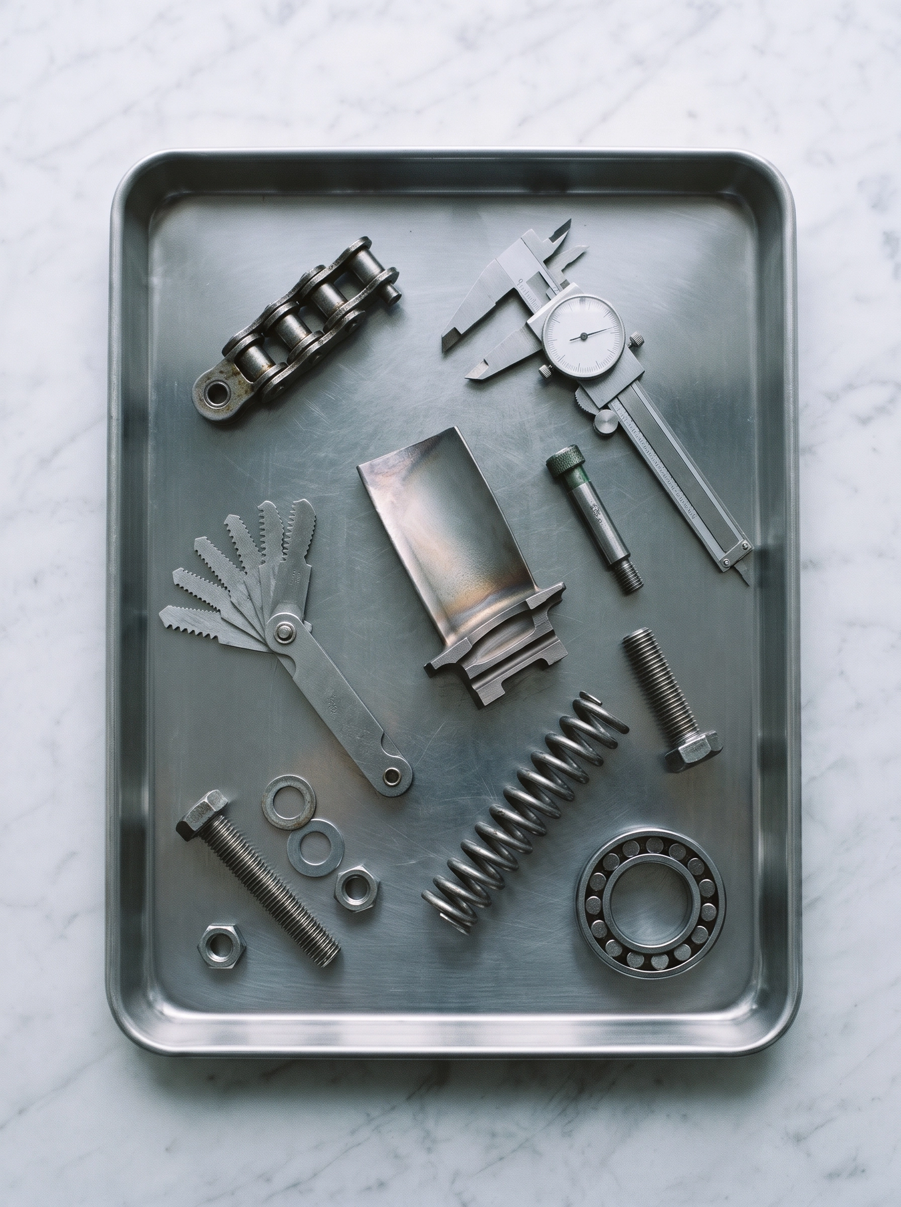 Metal tray on a marble surface holding various industrial metal parts and tools including a large bolt with washers and nuts, a valve spring, a ball bearing, a chain segment, a caliper, a blade with a handle, and a set of serrated feeler gauges.