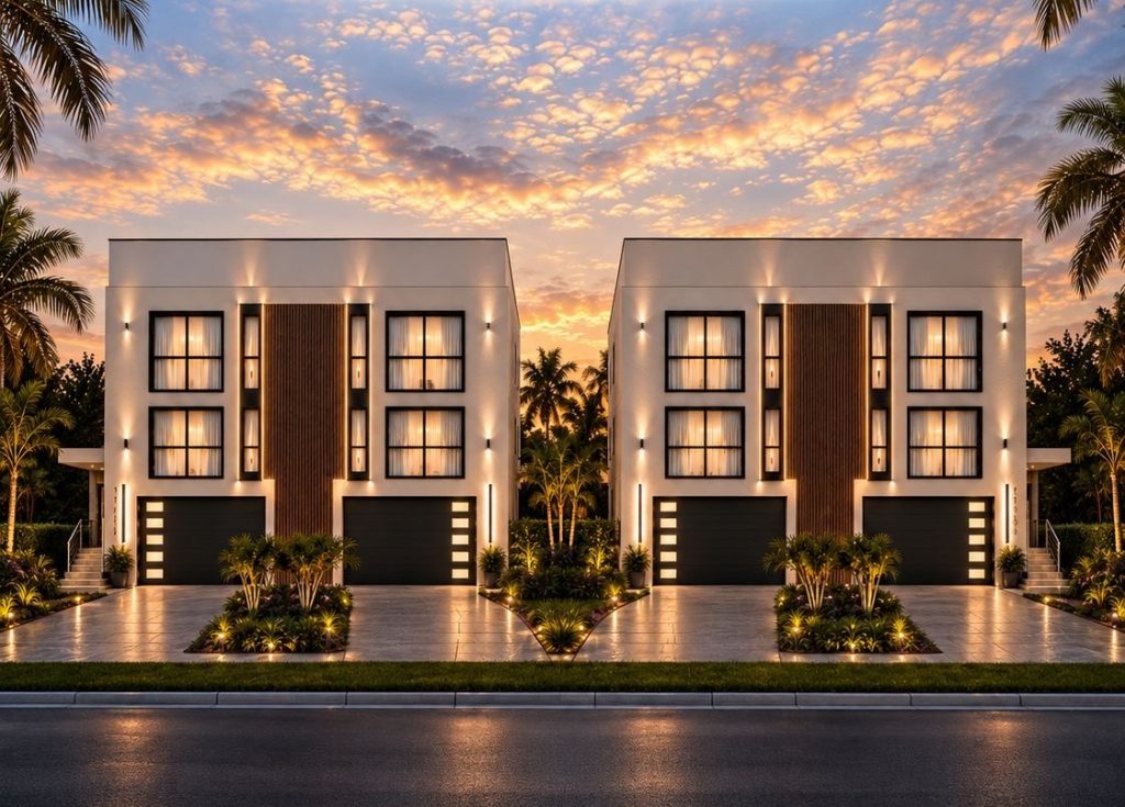 Render arquitectónico de dos edificios dúplex costeros de tres plantas en North Redington Beach, Florida