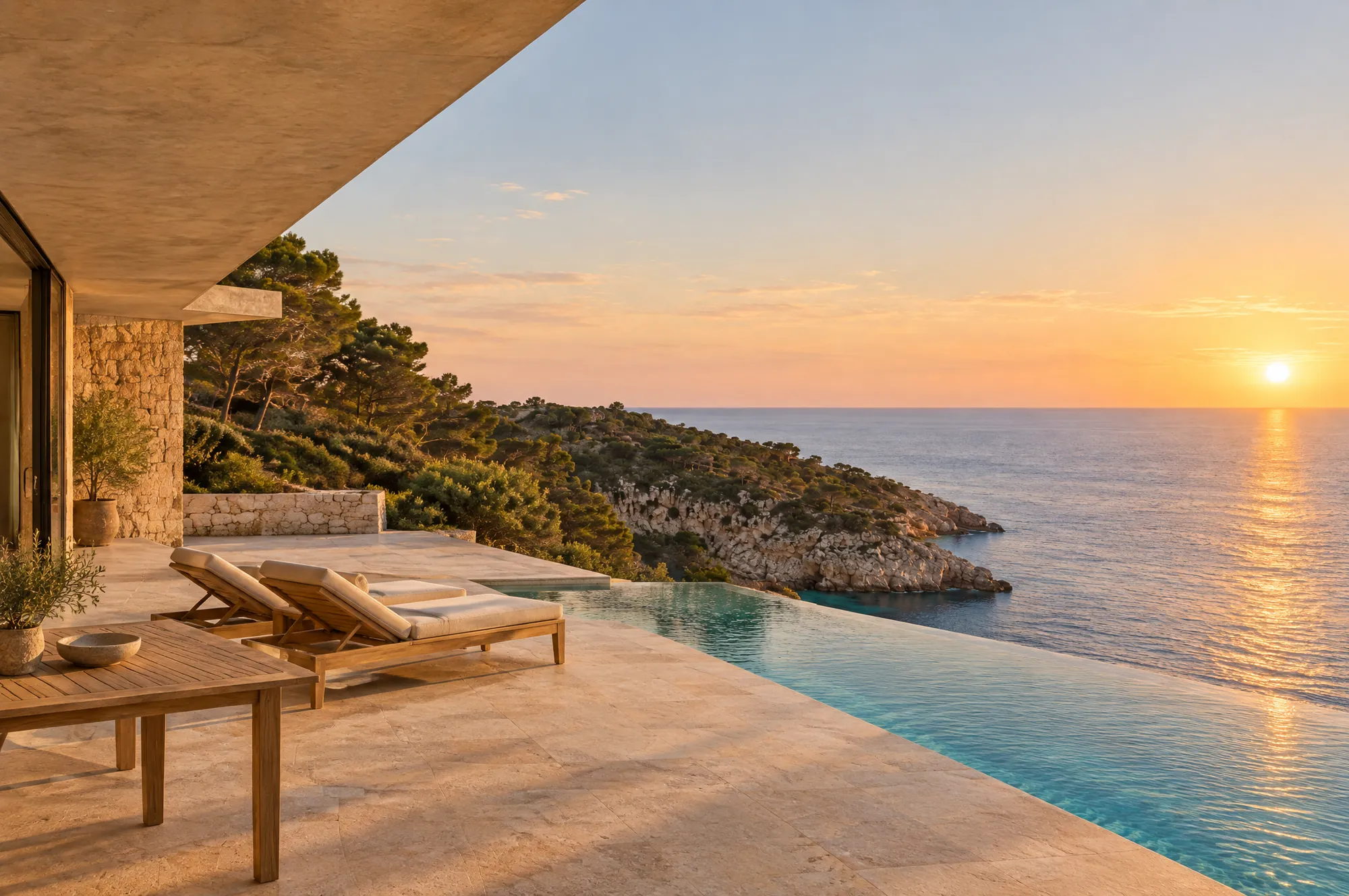 Terrasse nach Südwesten mit Blick auf Bucht und Horizont