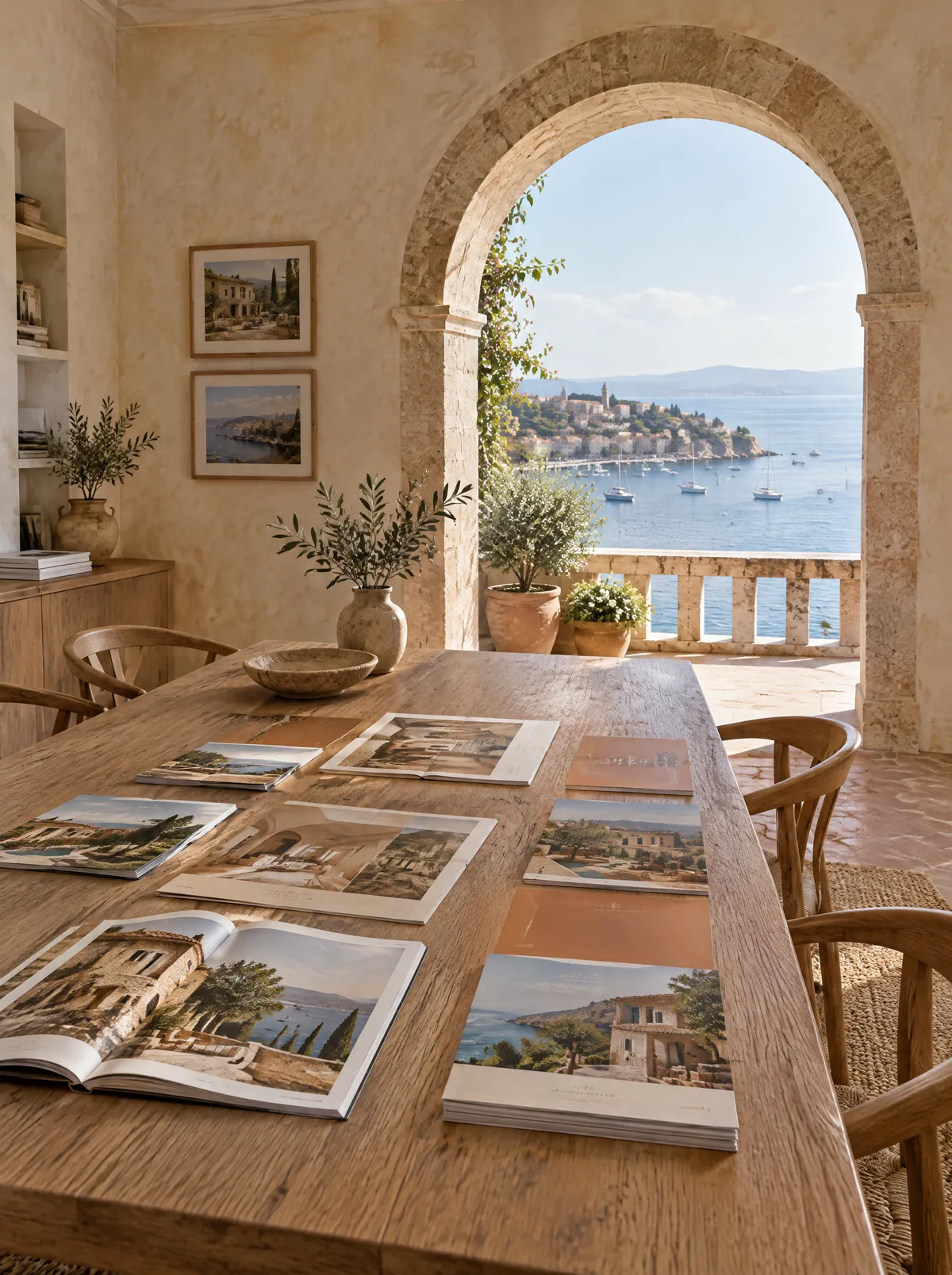 Büro von Marvé in Palma, Tisch mit Exposé-Heften vor einer Loggia