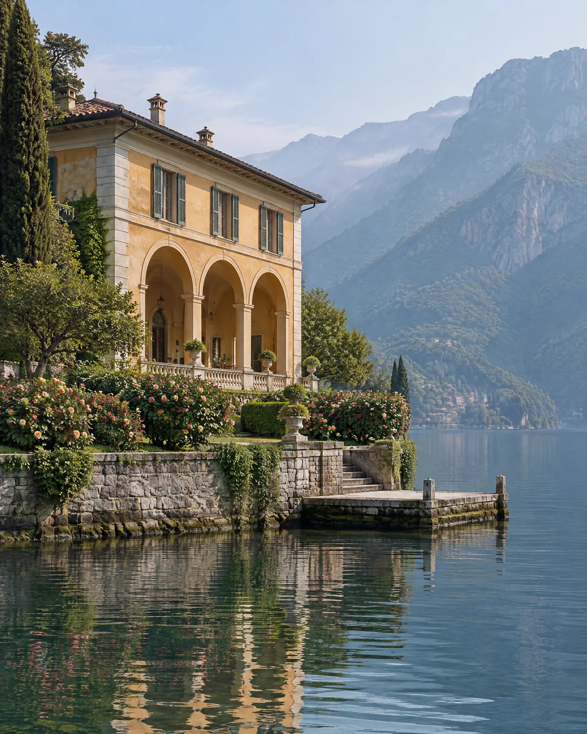 Villa mit Loggia aus drei Bögen am Ufer eines Sees, Morgendunst