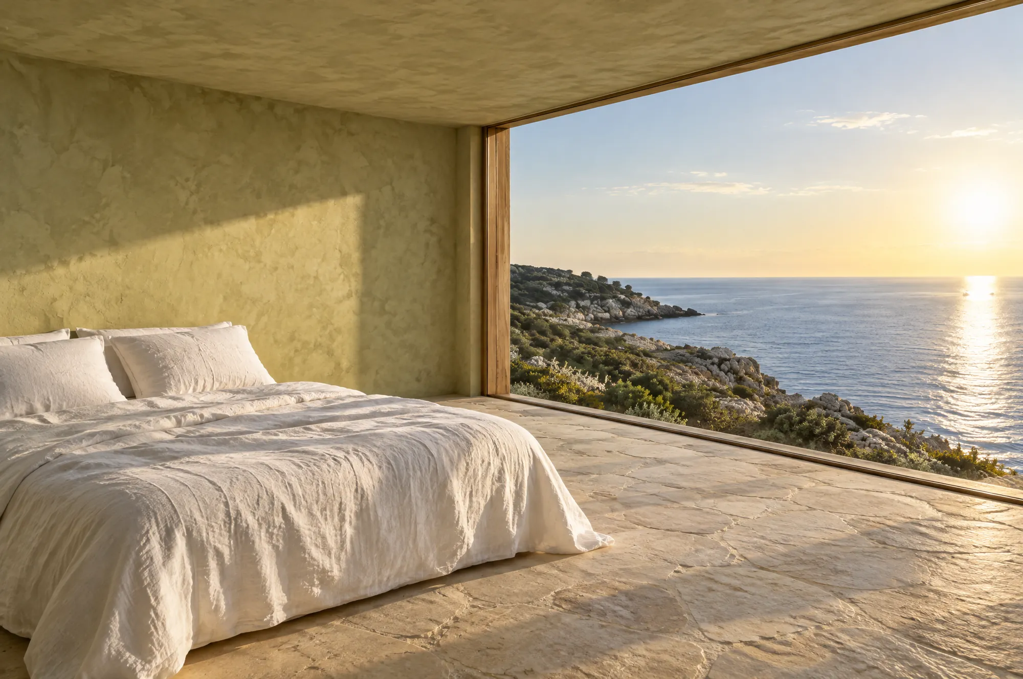 Schlafzimmer mit raumhohem Fenster zum Meer