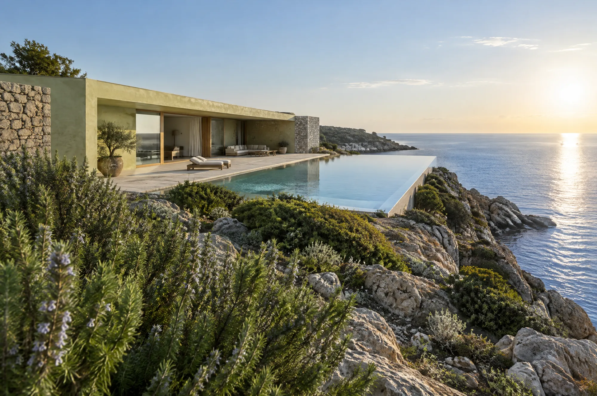 Flaches helles Haus über einer Felsküste, Pool auf Höhe des Horizonts
