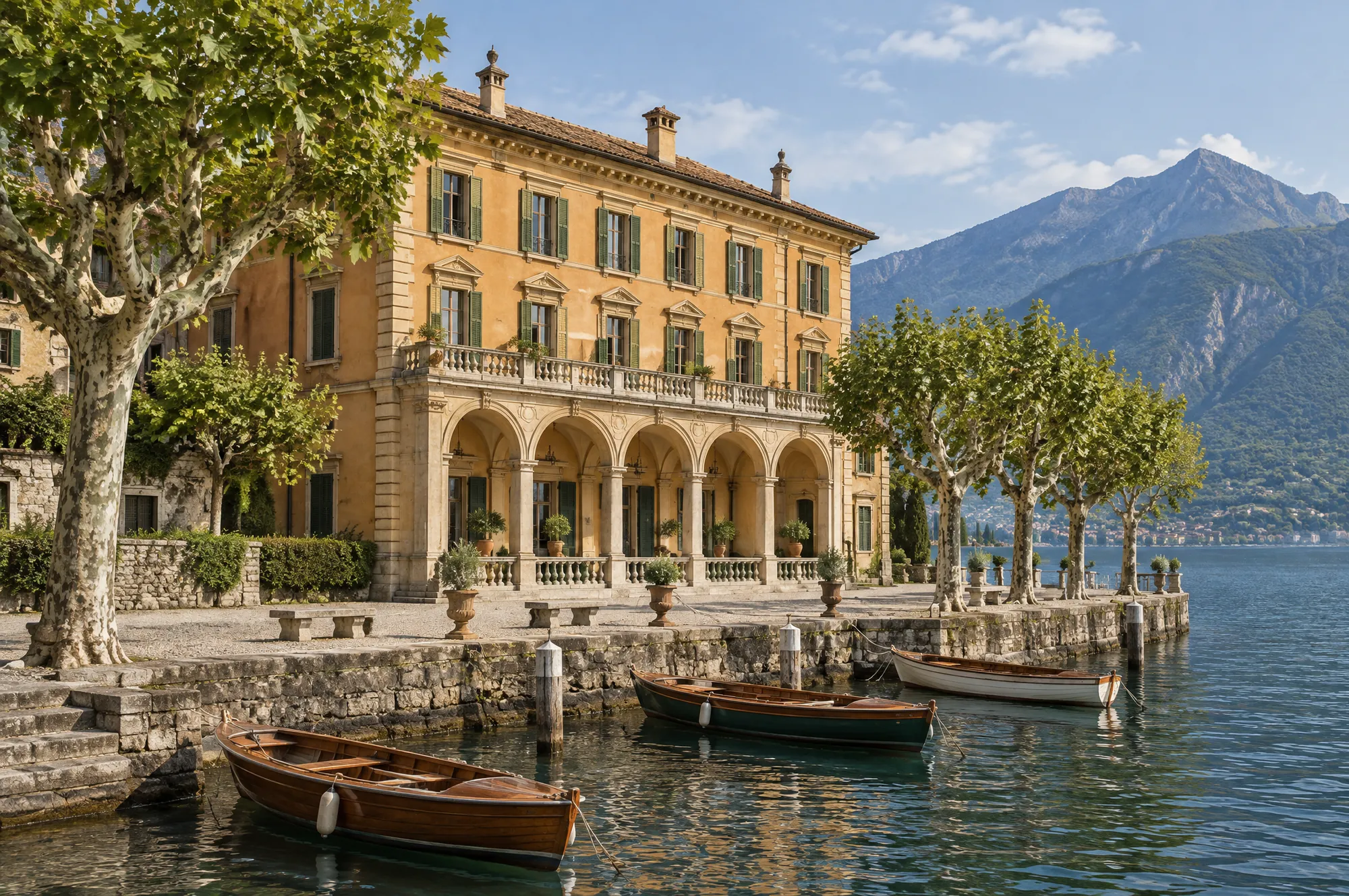 Palazzo-Fassade in Ocker mit Loggia an einer Uferpromenade