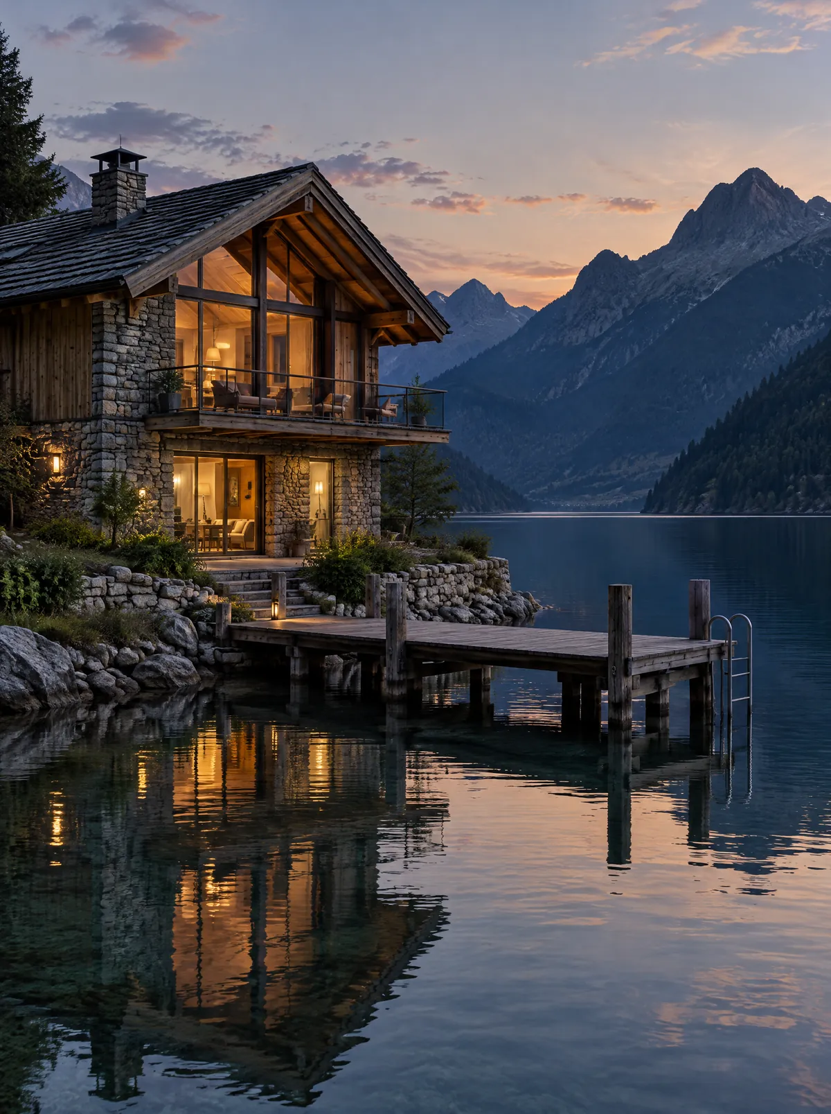 Seehaus aus Holz und Stein am Abend