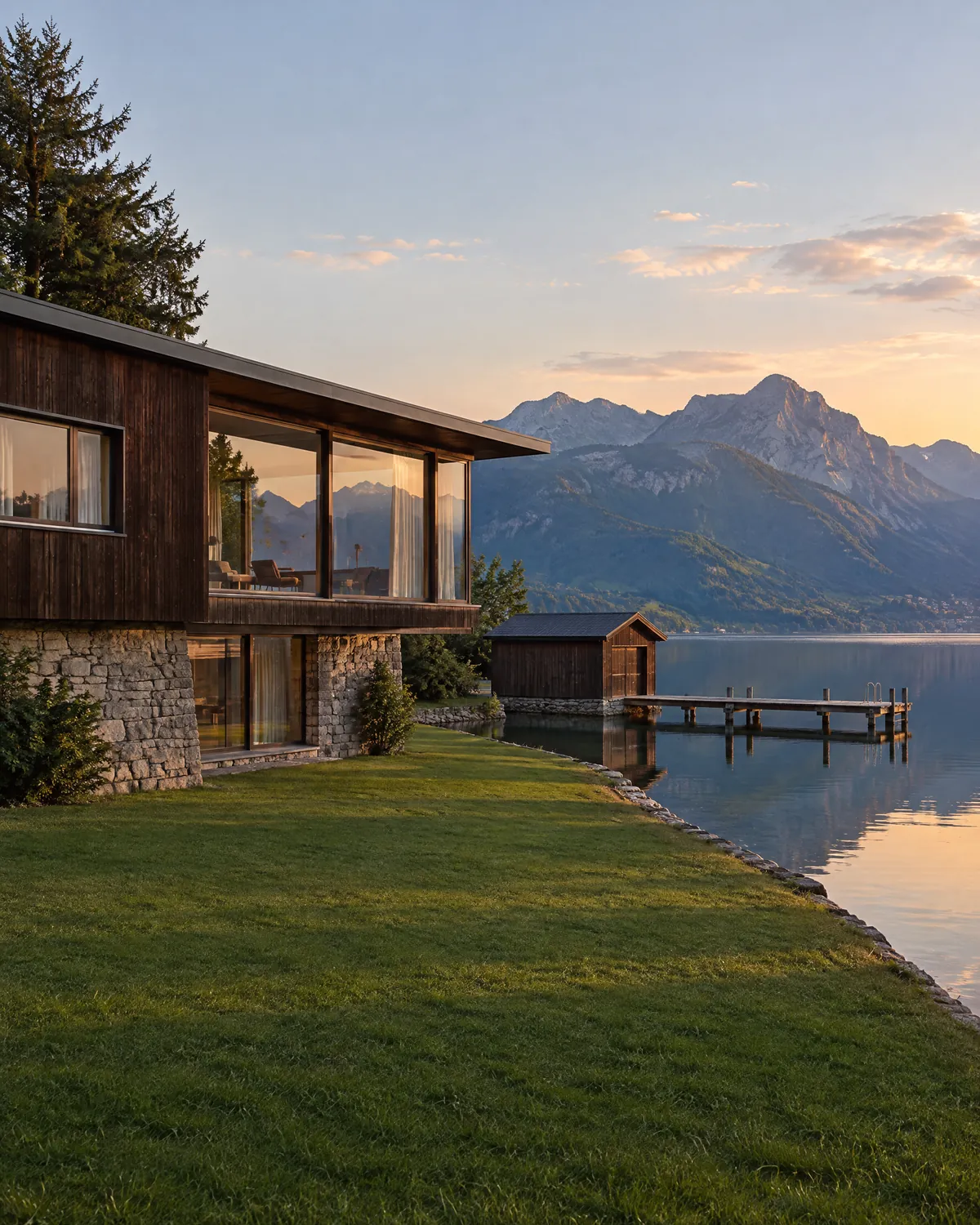 Holzhaus auf Steinsockel mit Steg an einem See, Abendlicht