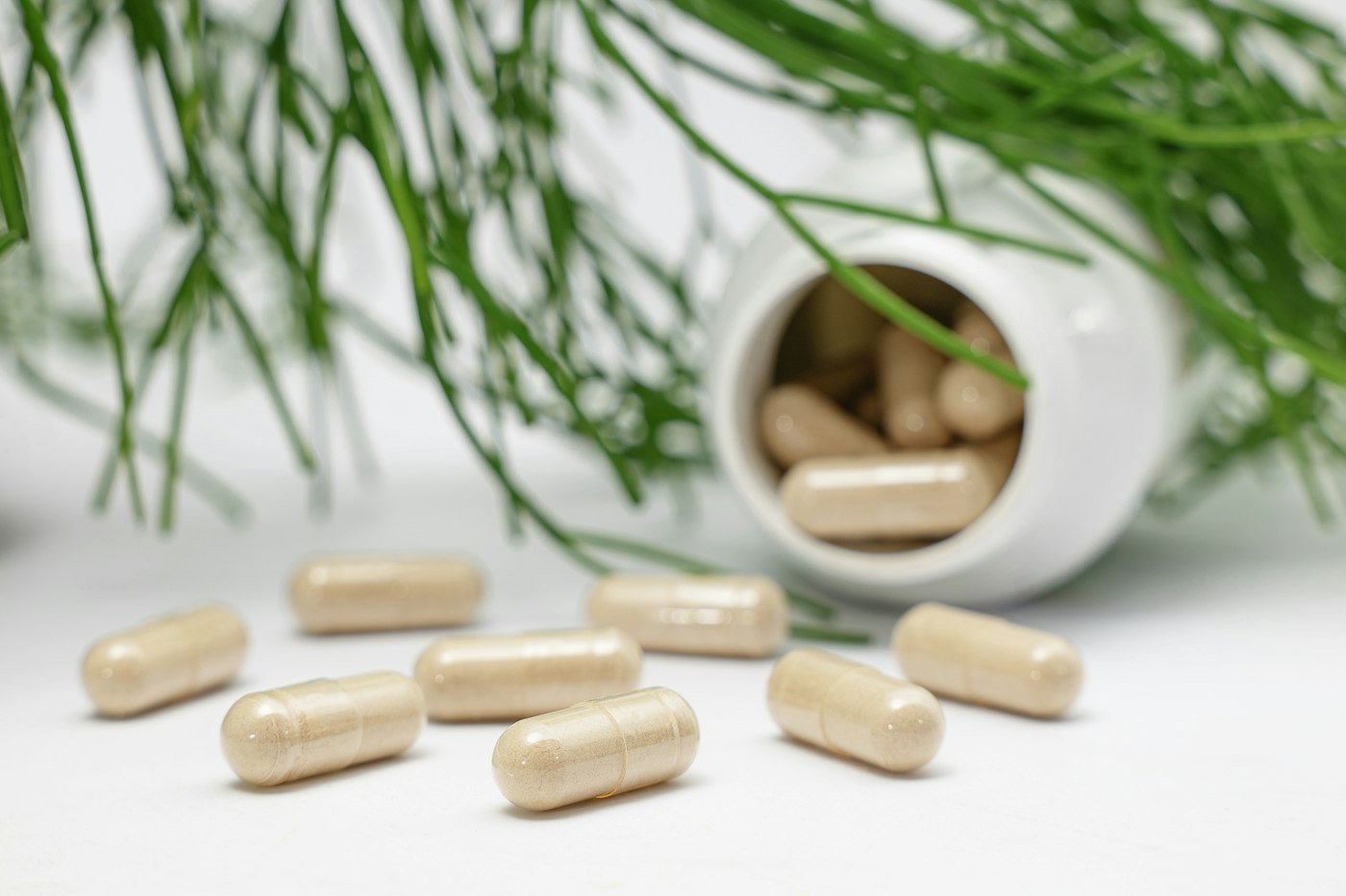 Supplement capsules spilling from a white bottle