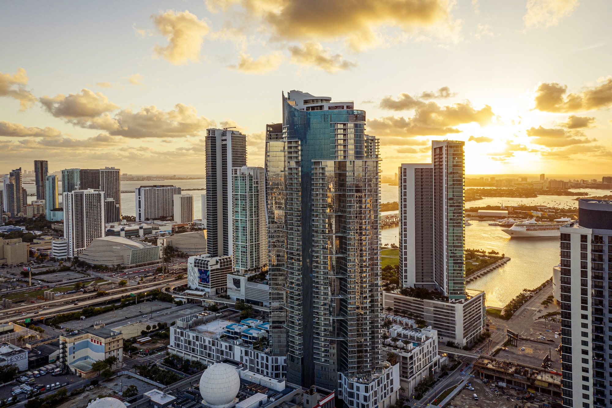 Muñoz Commercial: aerial drone photo of the Miami skyline at sunset