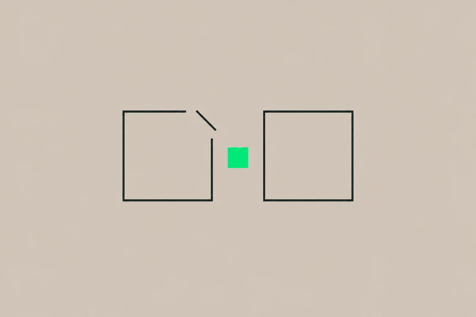 An incomplete square beside an intact square, separated by a green square.
