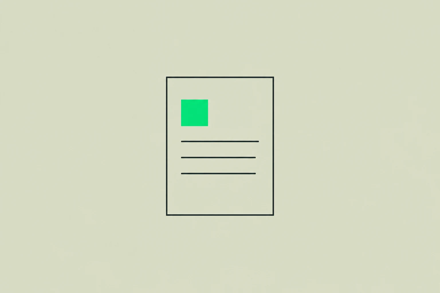 An outlined document with three lines and a green square.