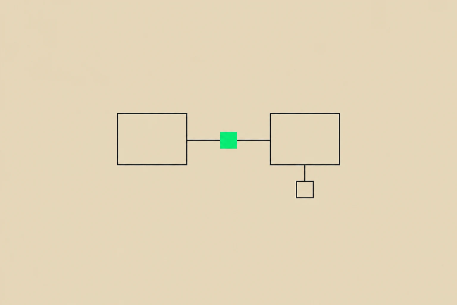 Two connected rectangles and a smaller branch, with a green square at the center.