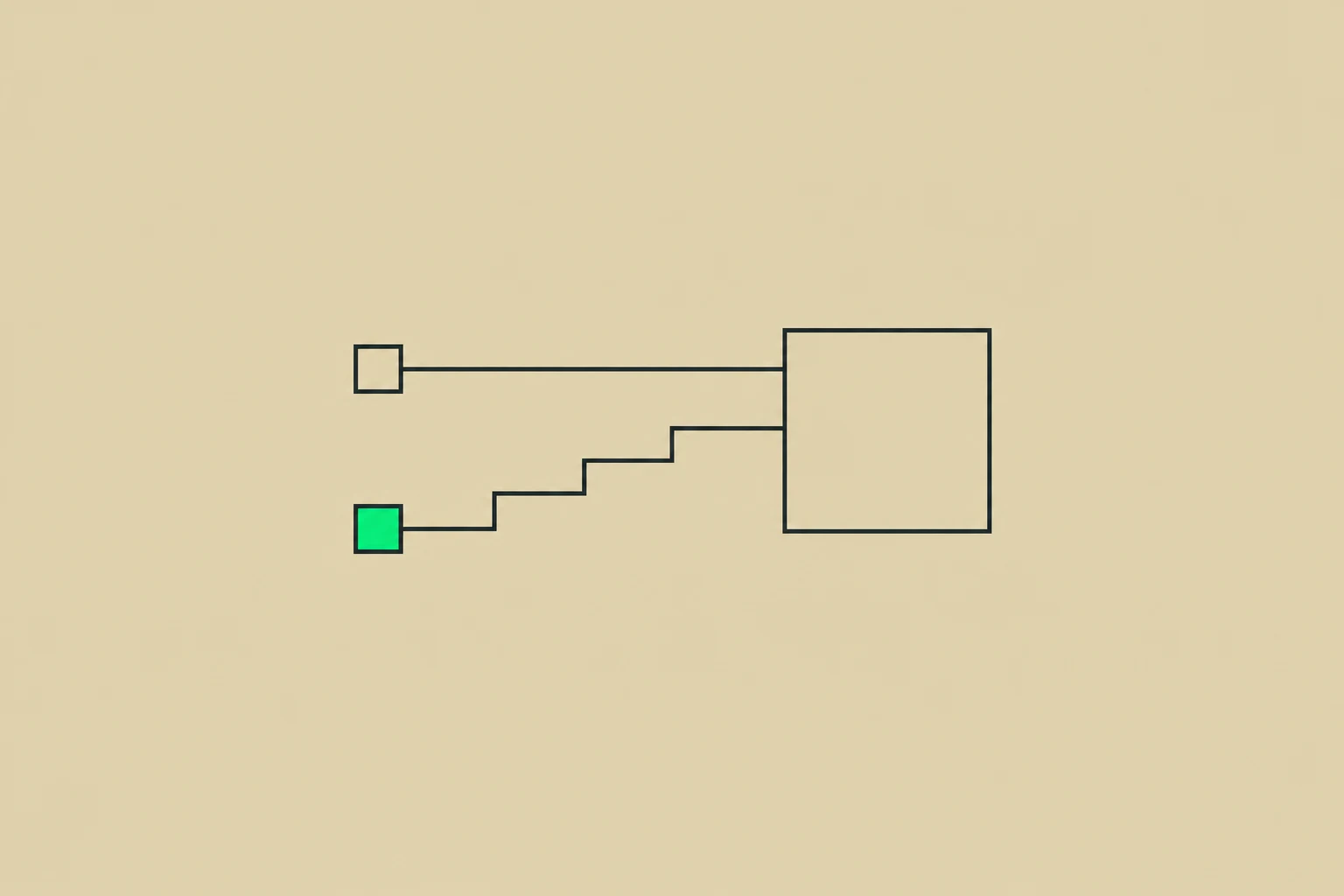 Straight and stepped lines connecting small squares to a larger square.