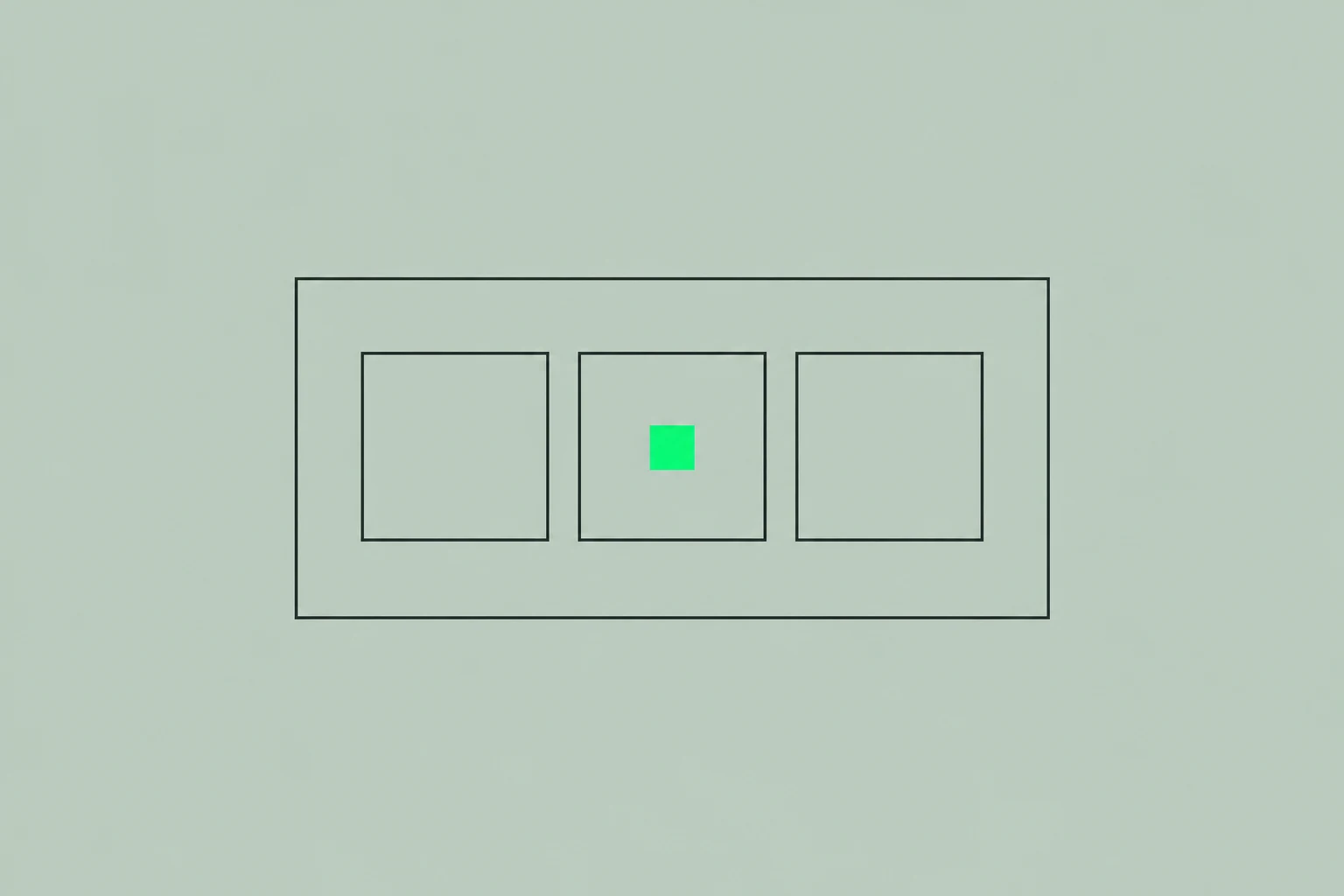 Three outlined squares inside a rectangular frame, with a green square at the center.