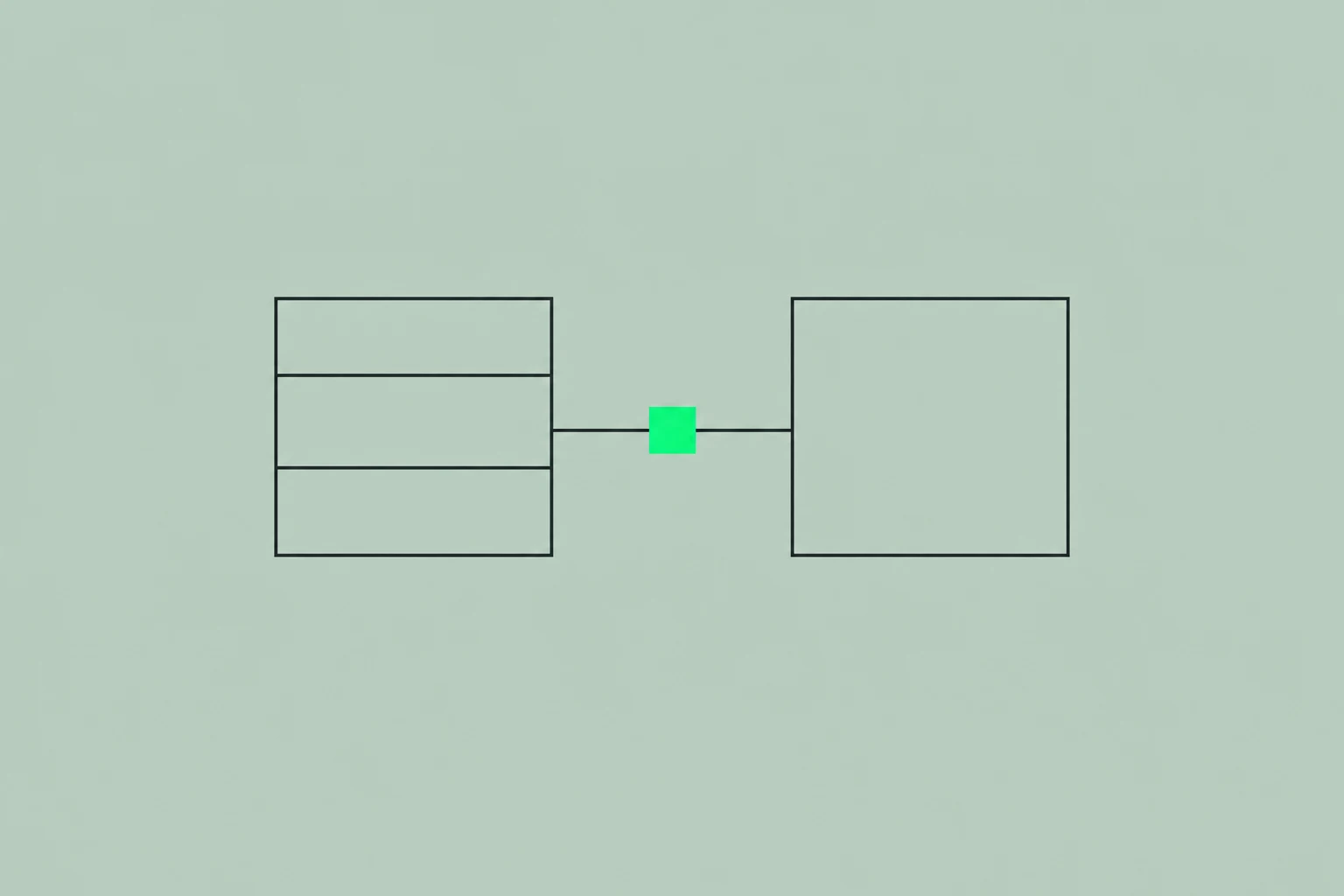 Two connected squares, one divided into shelves, with a green square between them.