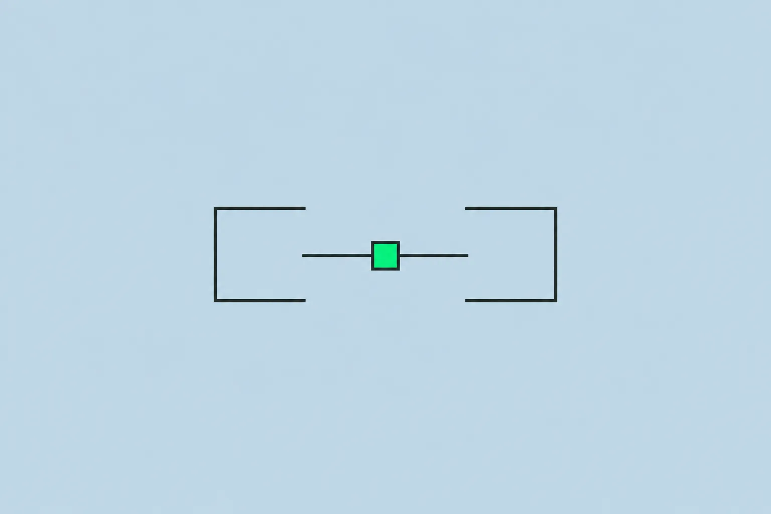 Two open brackets facing a green square on a horizontal line.