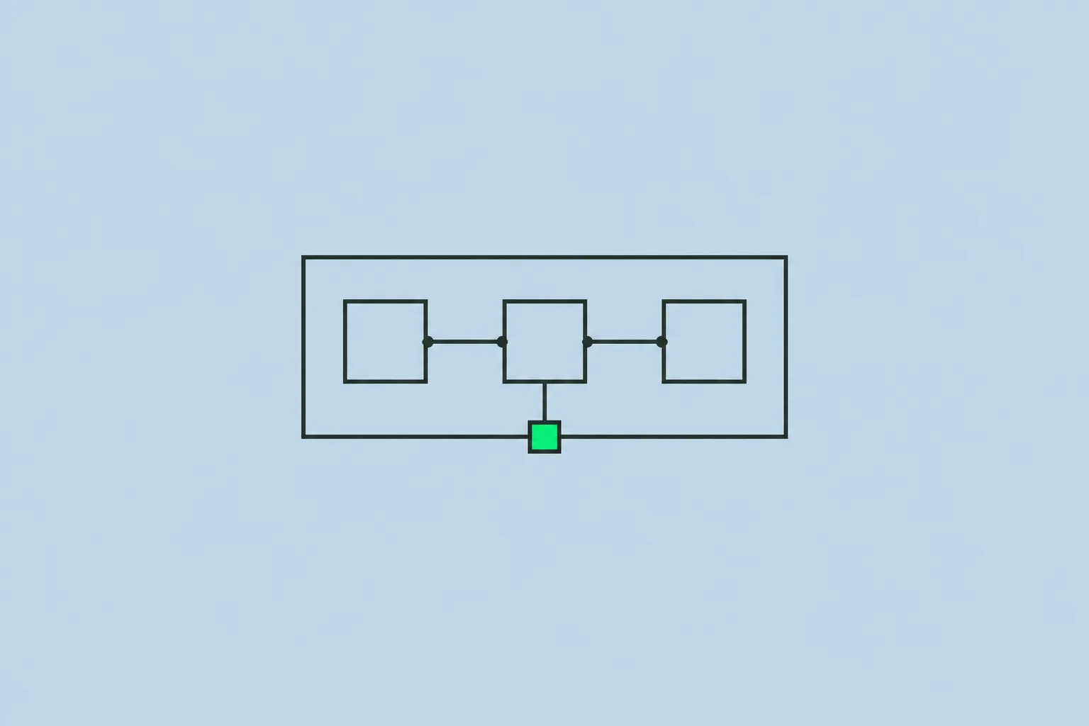 Three connected squares inside a rectangular frame with a green square below on a blue background.