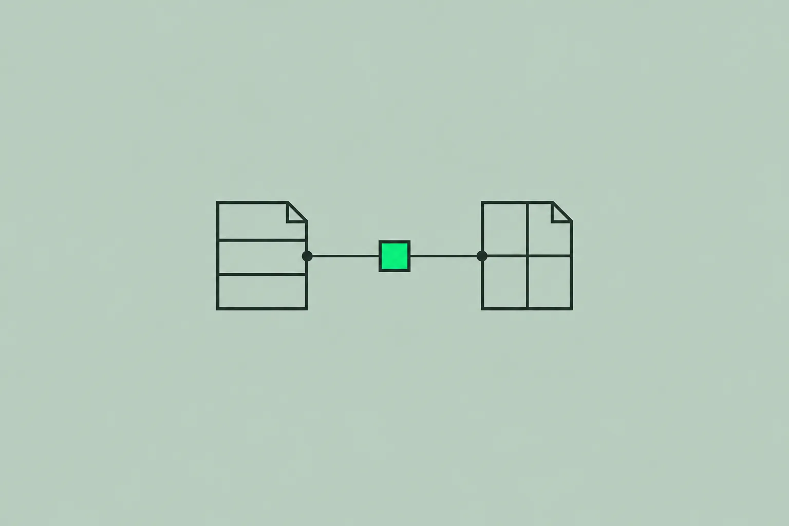 Two outlined pages joined by a line and green square on a sage background.