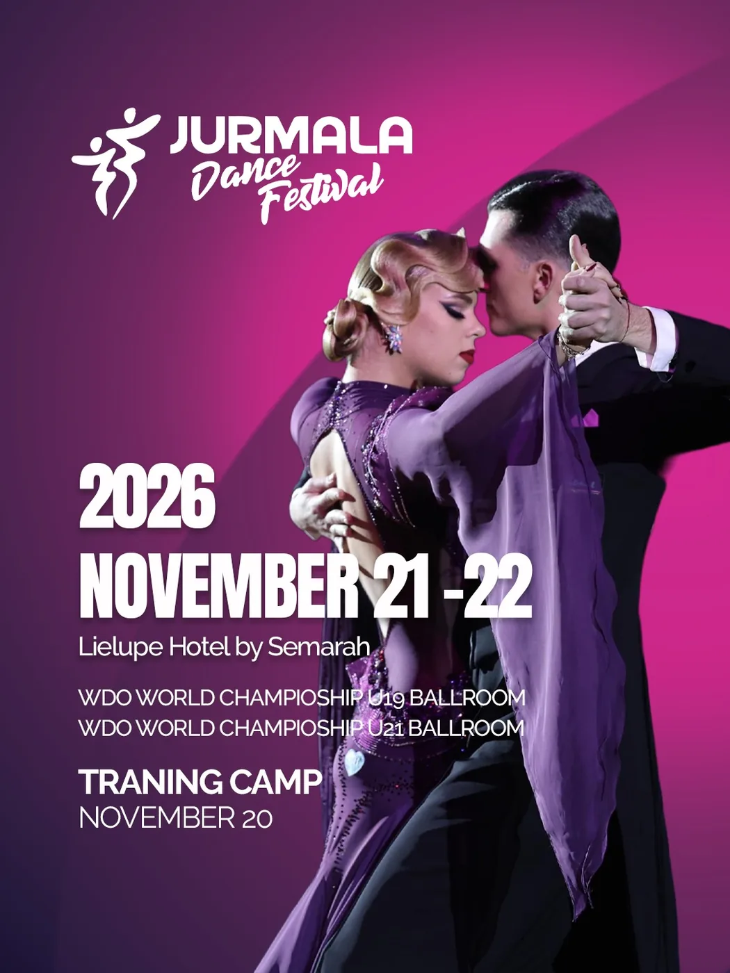 Official Jurmala Dance Festival 2026 poster, 21–22 November, training camp 20 November, Lielupe Hotel by Semarah.