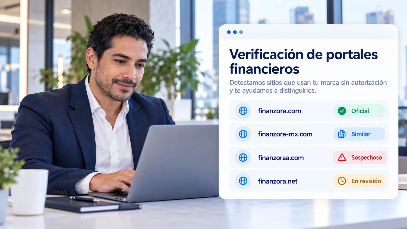 Ilustración conceptual sobre revisión de posibles sitios y dominios sospechosos en Fintech.