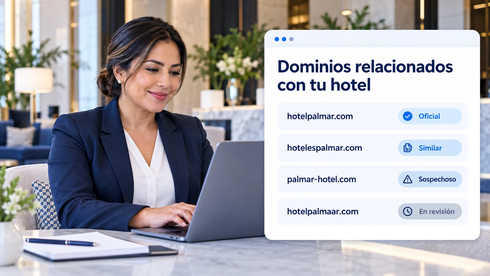 Ilustración conceptual sobre revisión de posibles sitios y dominios sospechosos en Hoteles.
