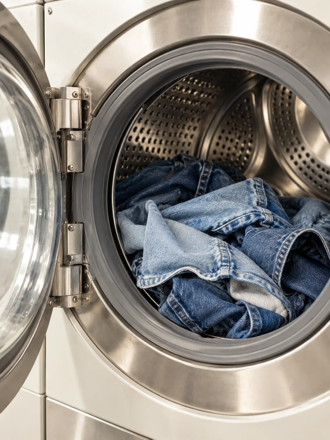 Denim in an industrial washing machine (illustrative)