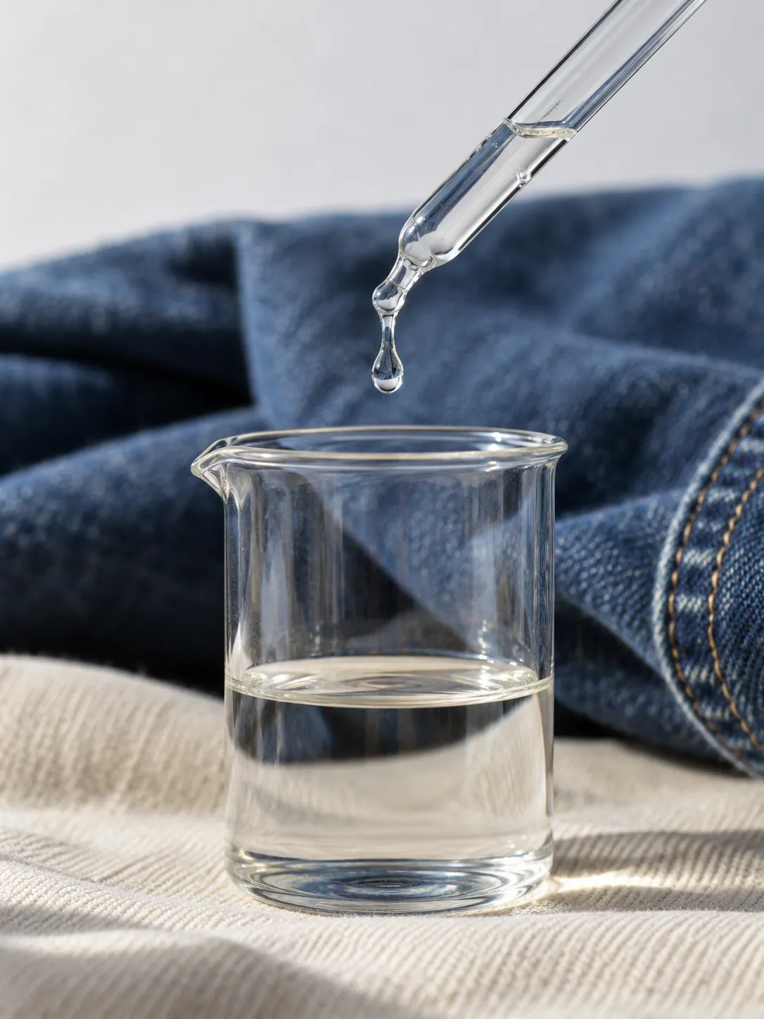 Lab beaker of clear liquid beside denim (illustrative)