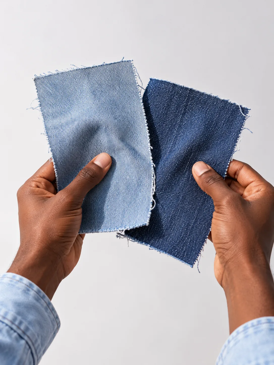 Hands comparing two denim swatches (illustrative)