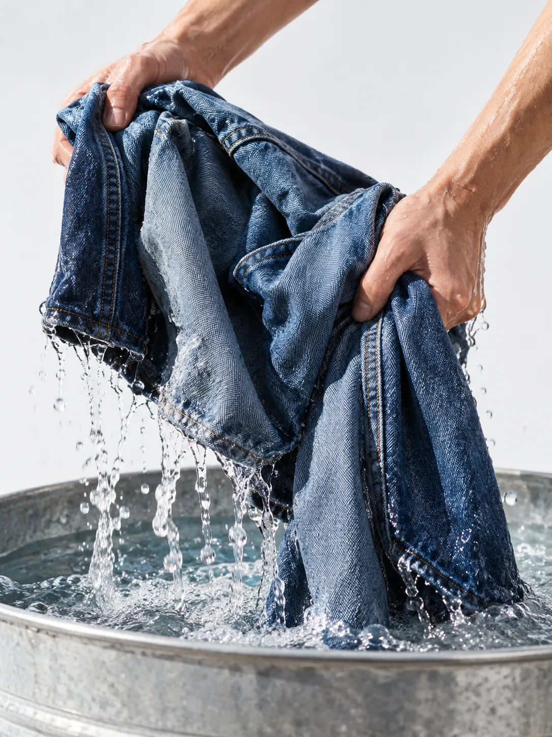 Denim lifted from a wash tank (illustrative)