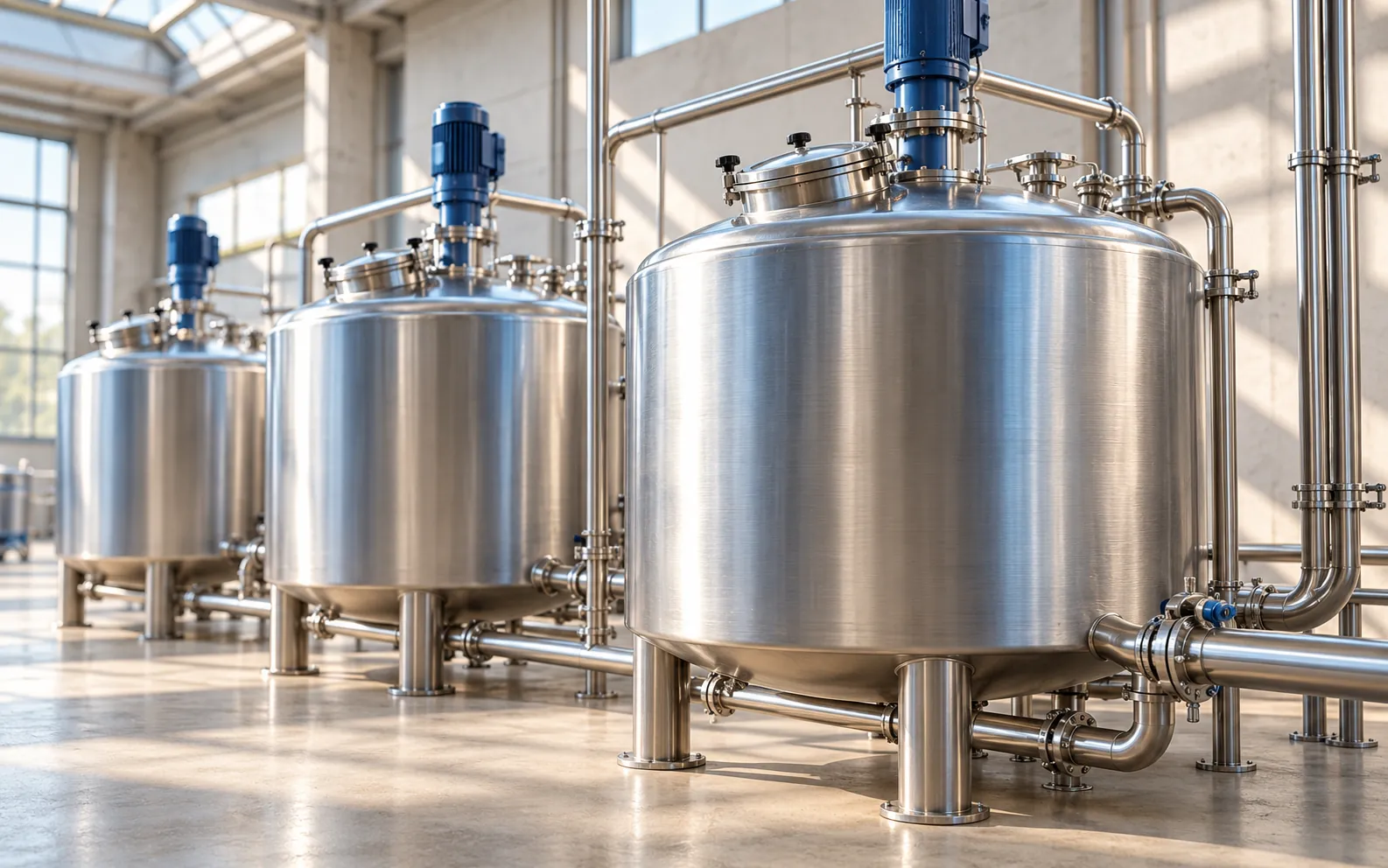 Production hall with stainless steel mixing tanks (illustrative)