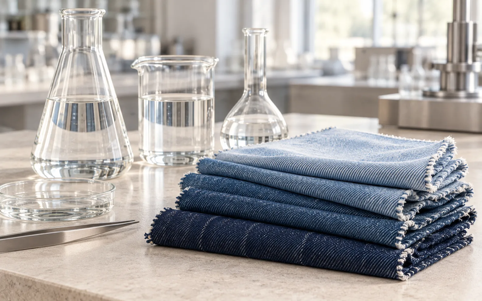 Textile chemistry lab with glassware and folded denim (illustrative)