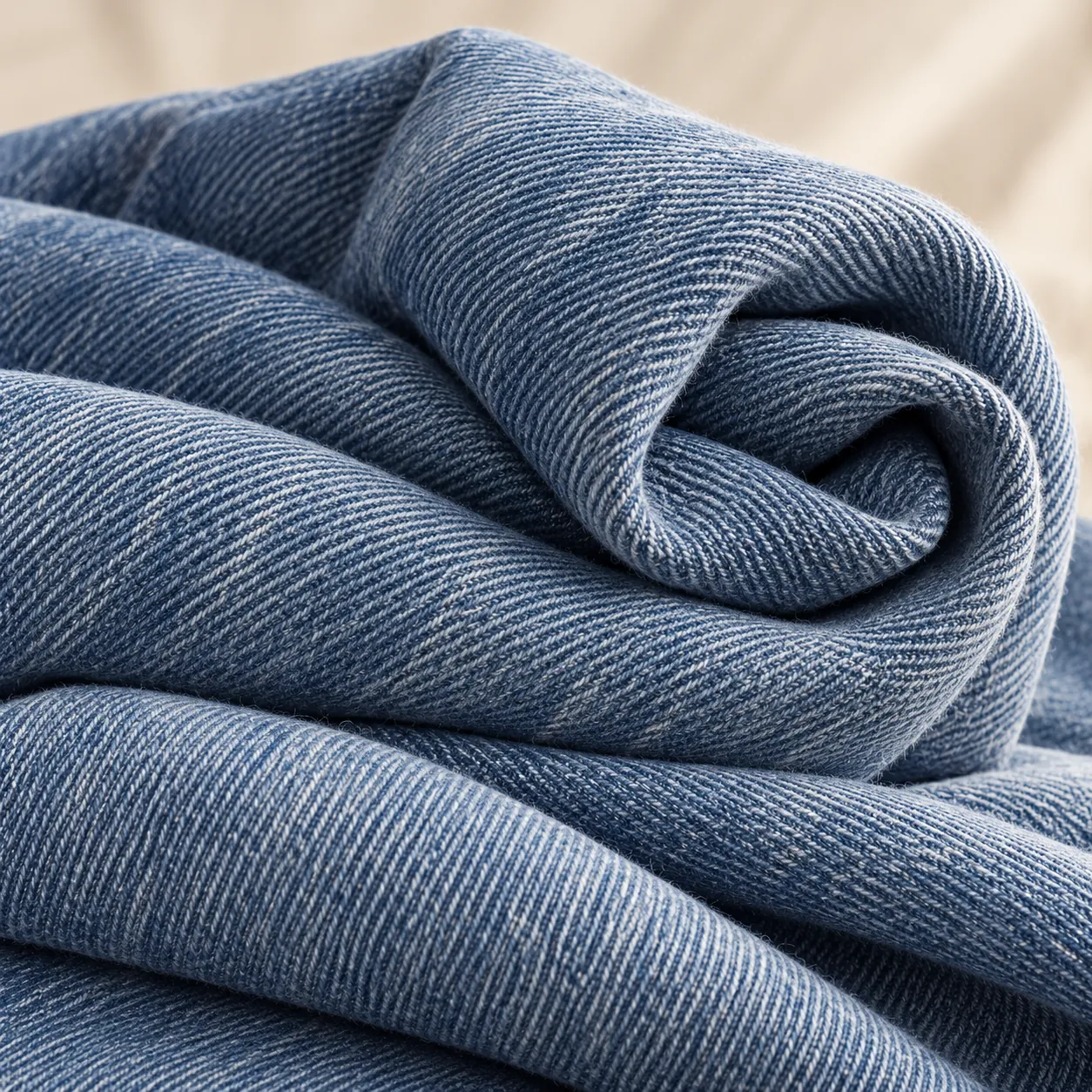Soft denim rolled into a loose fold (illustrative)
