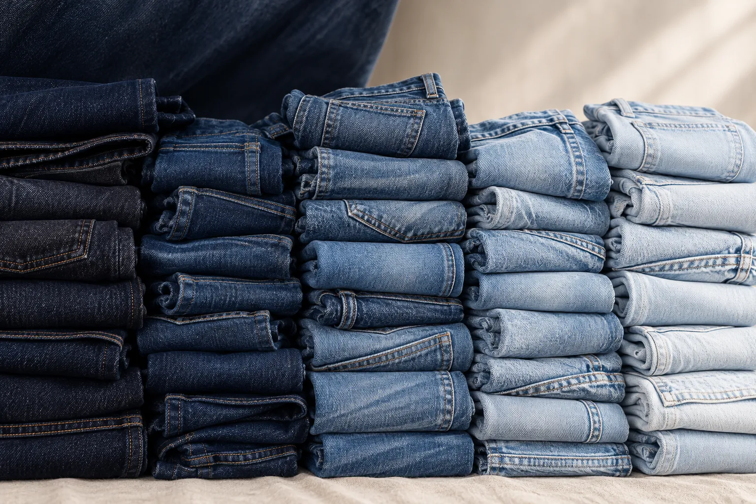 Rows of folded jeans in many wash shades