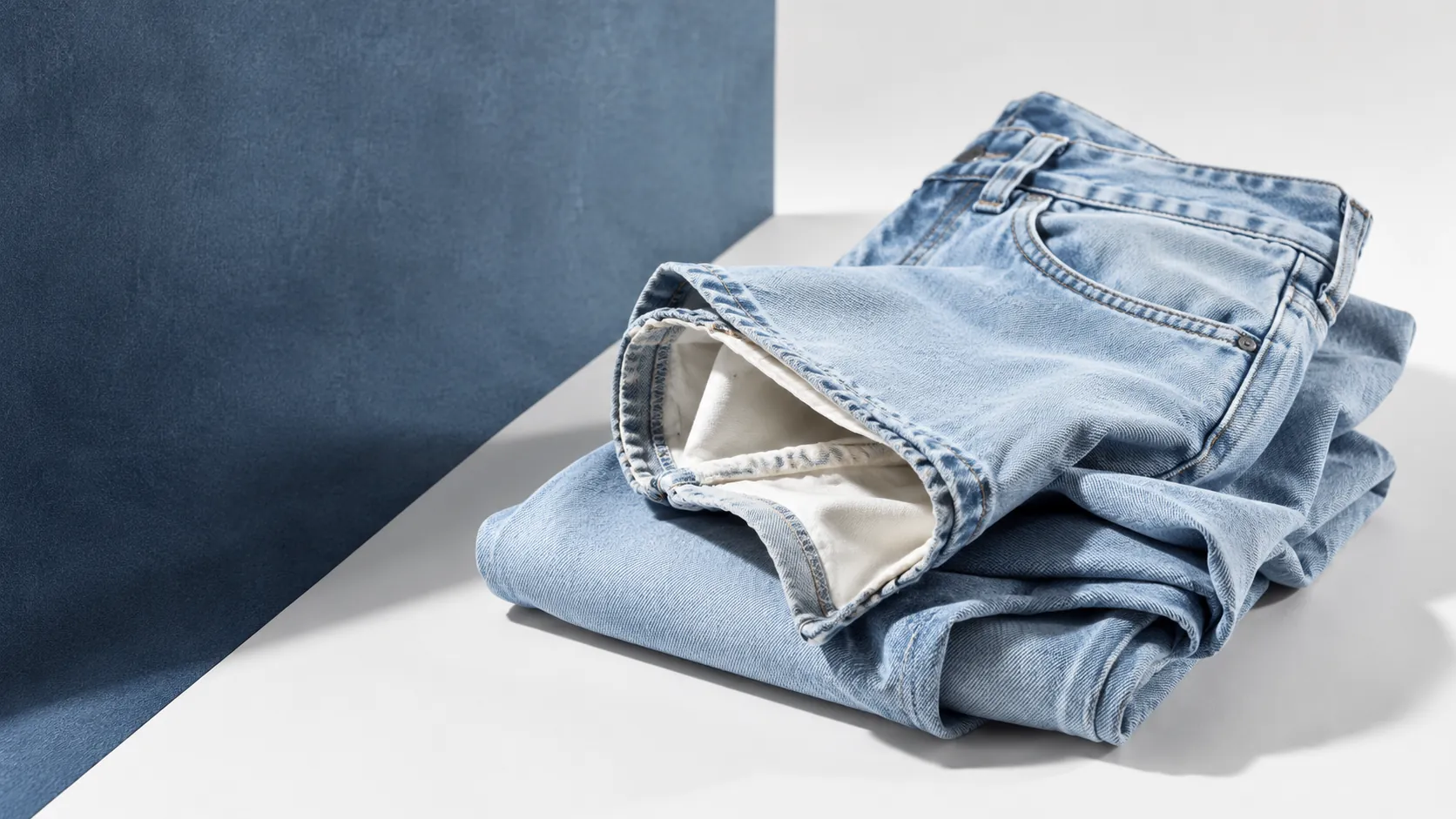 Bleached jeans folded on a white surface (illustrative)