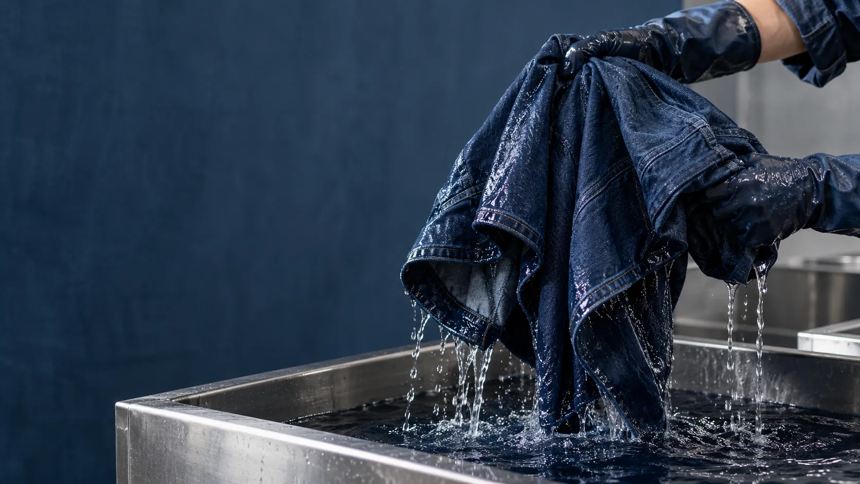 Jeans lifted from a dye bath (illustrative)