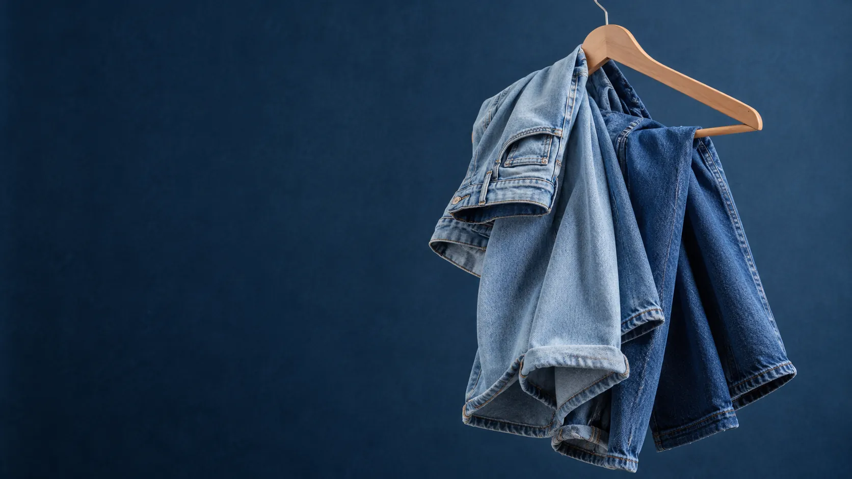 Softened jeans on a hanger (illustrative)
