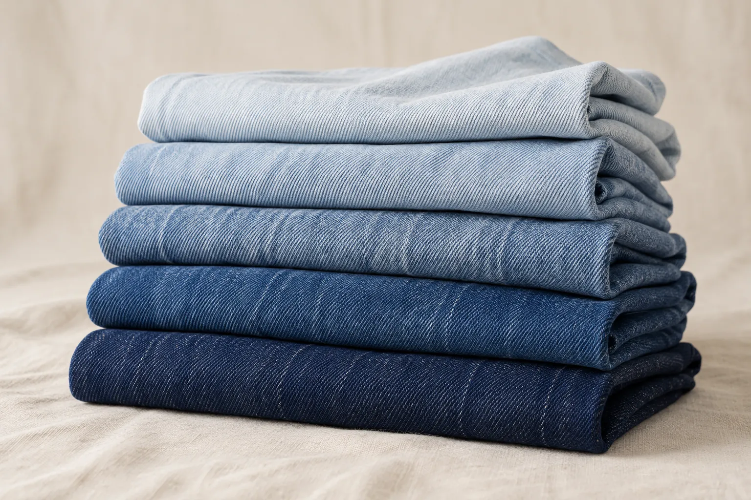 Folded jeans in five wash shades from dark to light