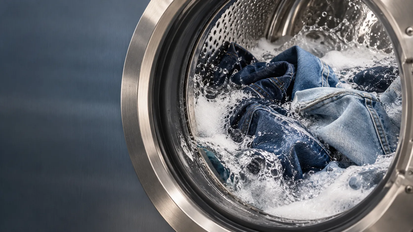 Denim tumbling in a washing machine drum (illustrative)
