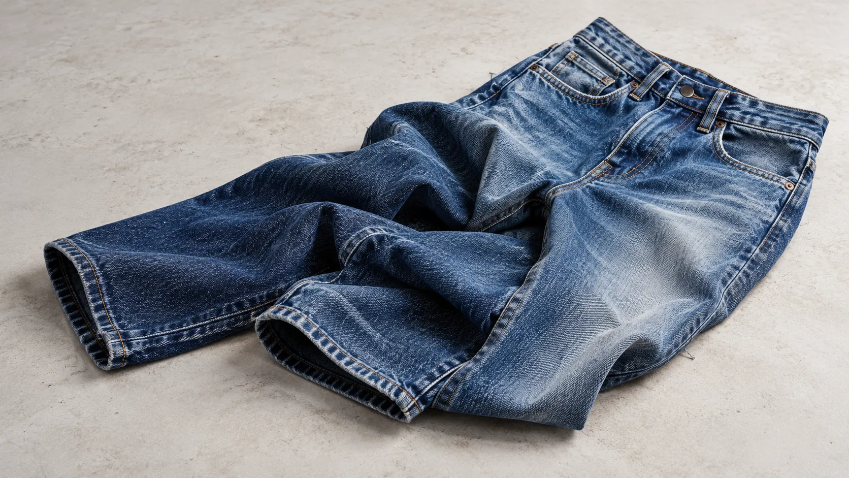 Abraded jeans laid flat (illustrative)