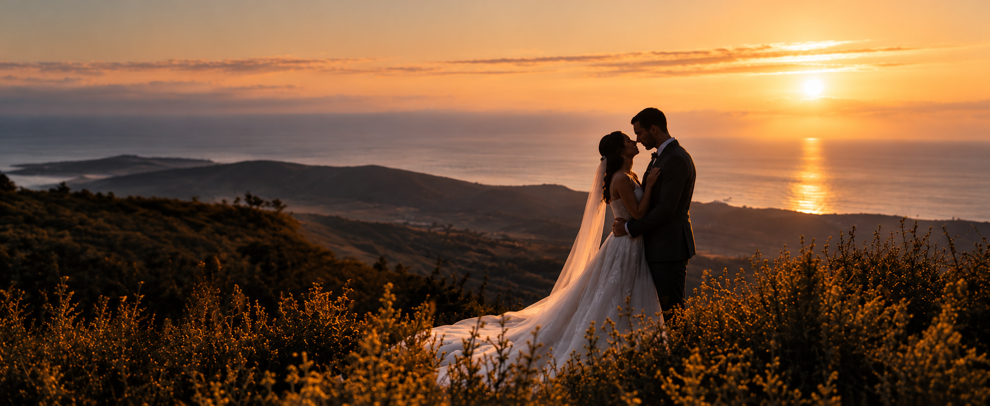 Newlyweds embracing in golden light above the Pacific Ocean at sunset